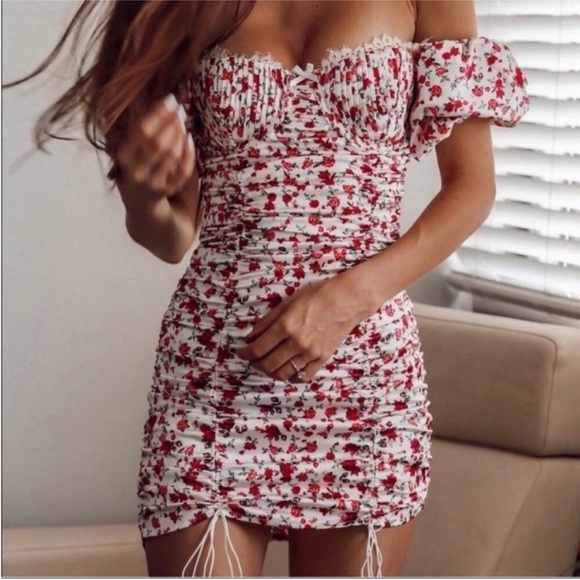 For Love And Lemons Dresses & Skirts - FOR LOVE & LEMONS Melrose Dress Floral Print Mini Bodycon Lace Red White